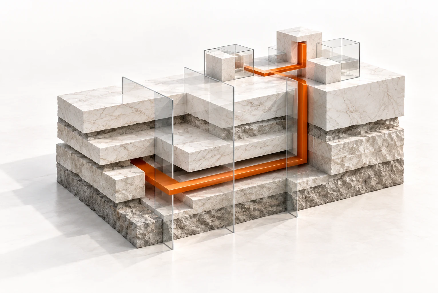 Conceptual illustration of geological layers connected to transparent analytical systems