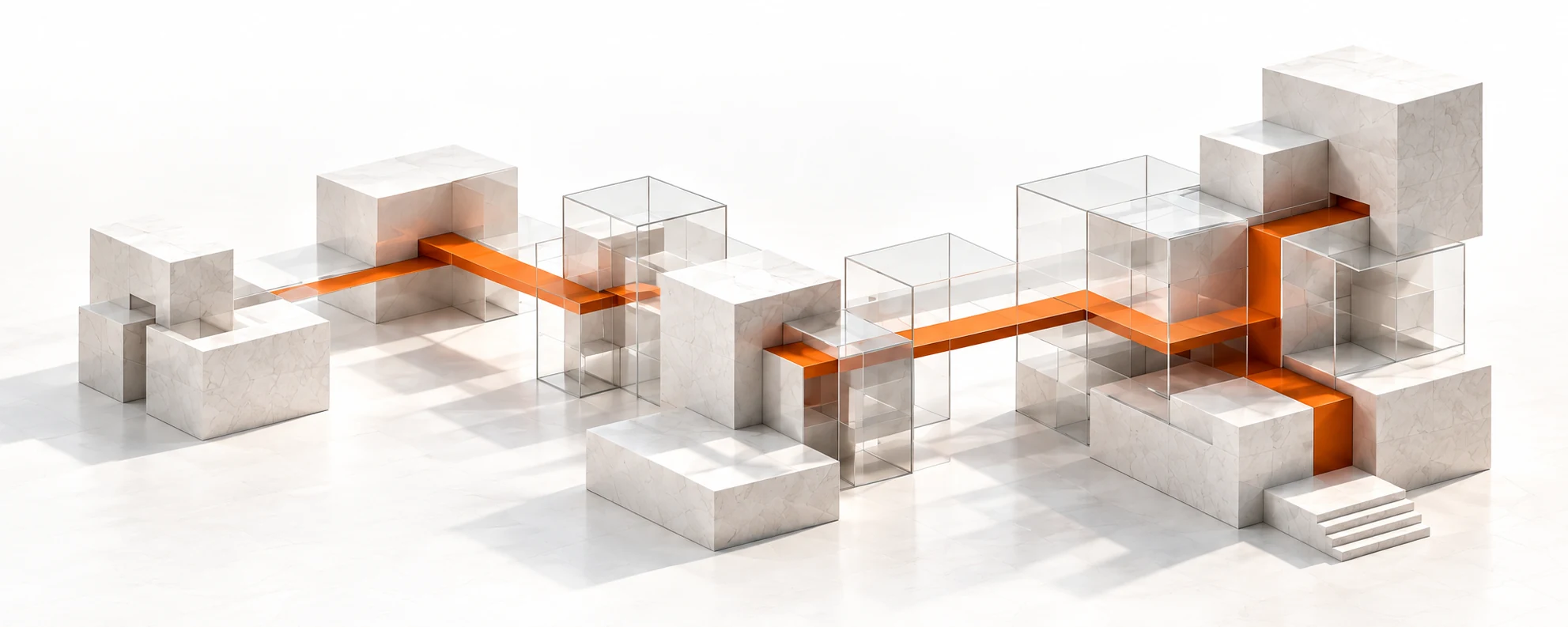 White stone and glass systems connected by a continuous orange route